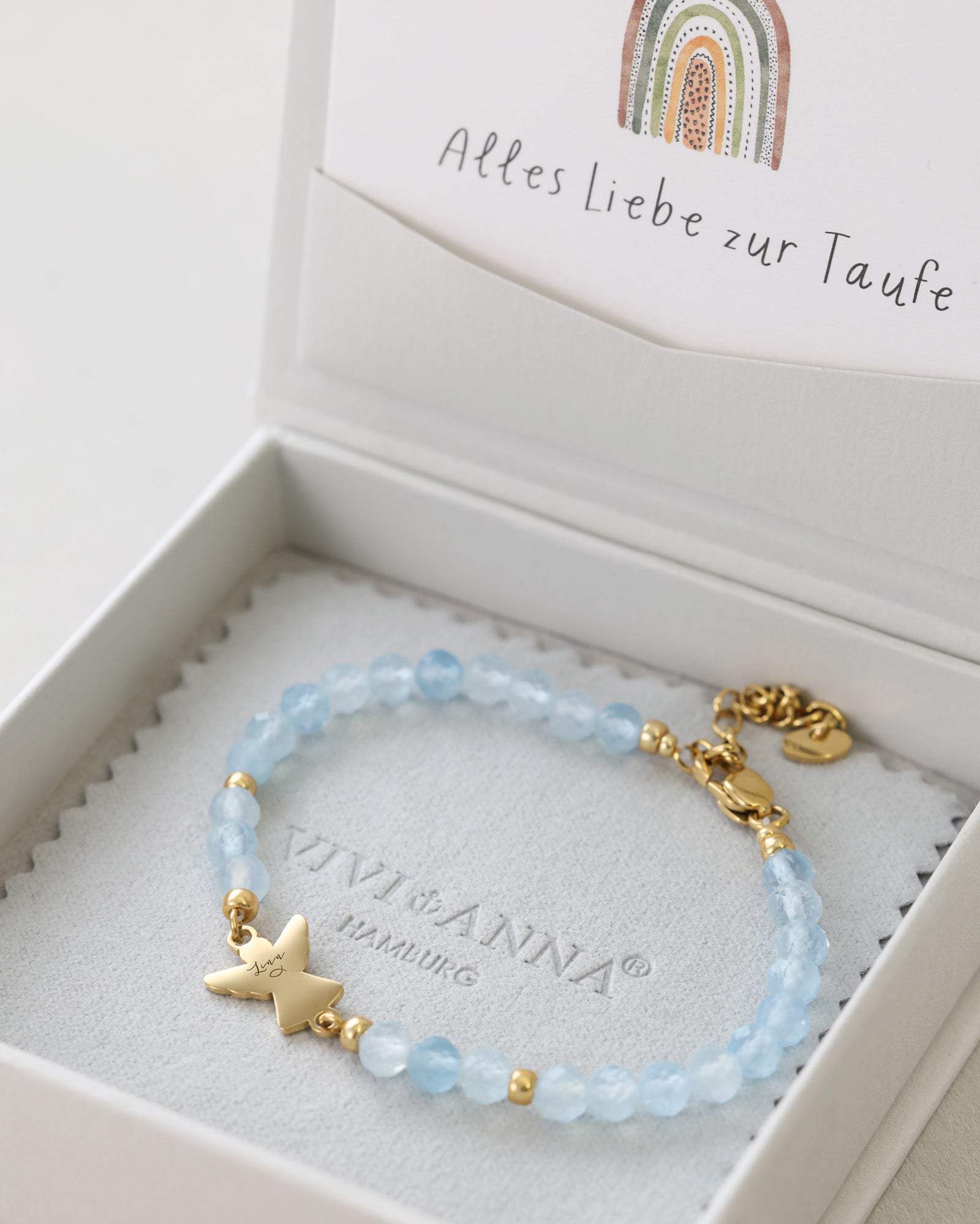Aquamarin Armband mit Engelanhänger - Geschenk zur Taufe mit Karte Kinder Armband VIVIANNASCHMUCK