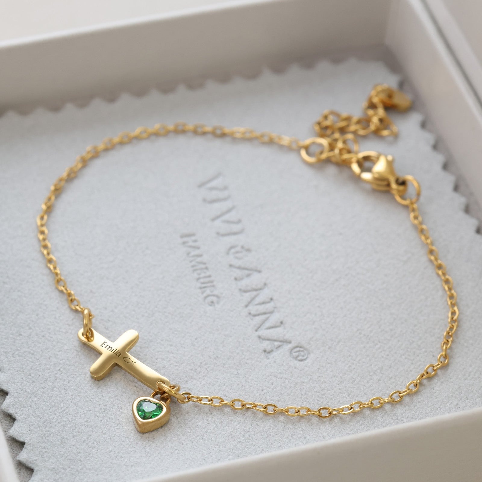 Personalisiertes Kreuzarmband mit herzförmigem Geburtsstein Kinder Armband VIVIANNASCHMUCK