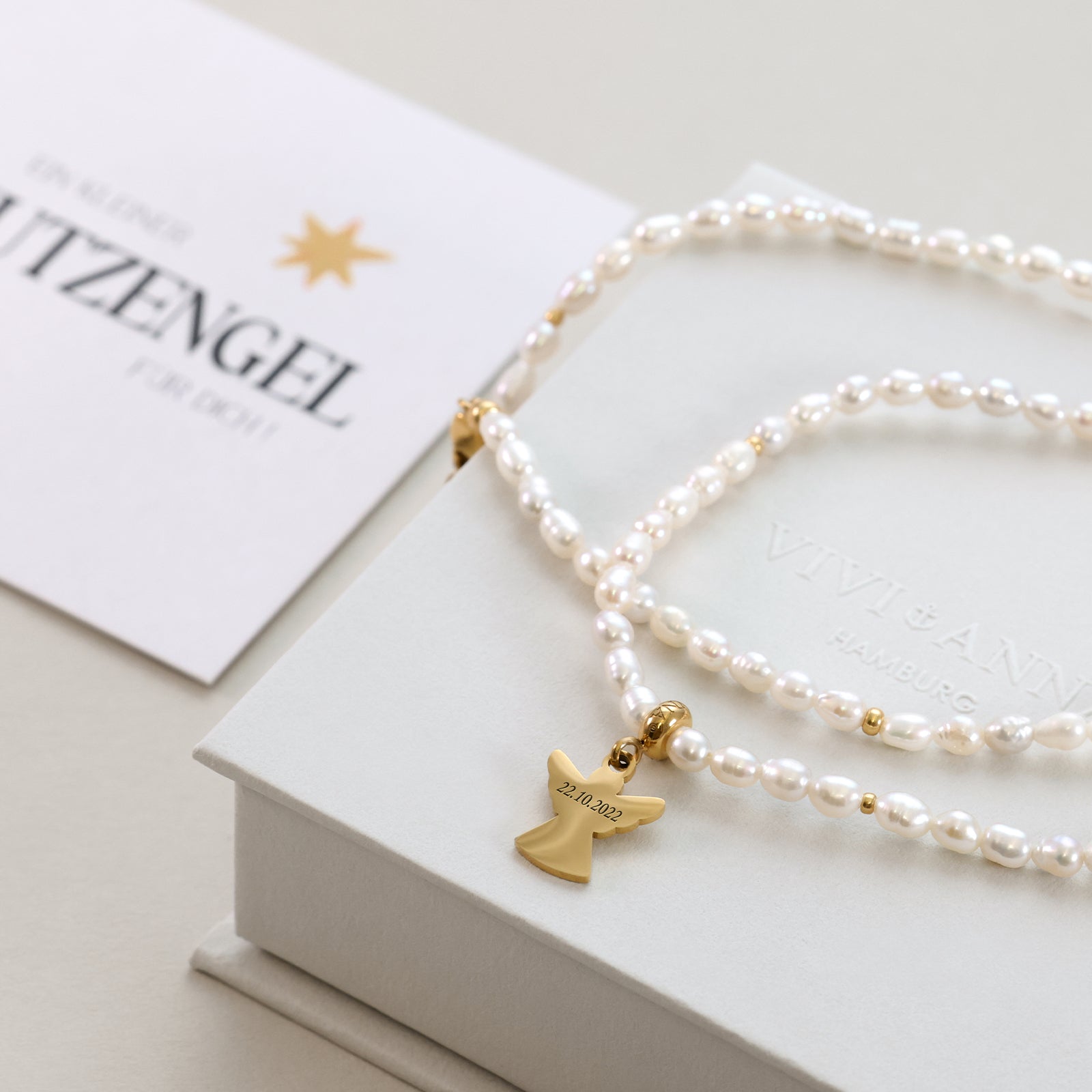 Schutzengel Perlenkette mit Gravur - Geschenk mit Karte Damen Halskette VIVIANNASCHMUCK