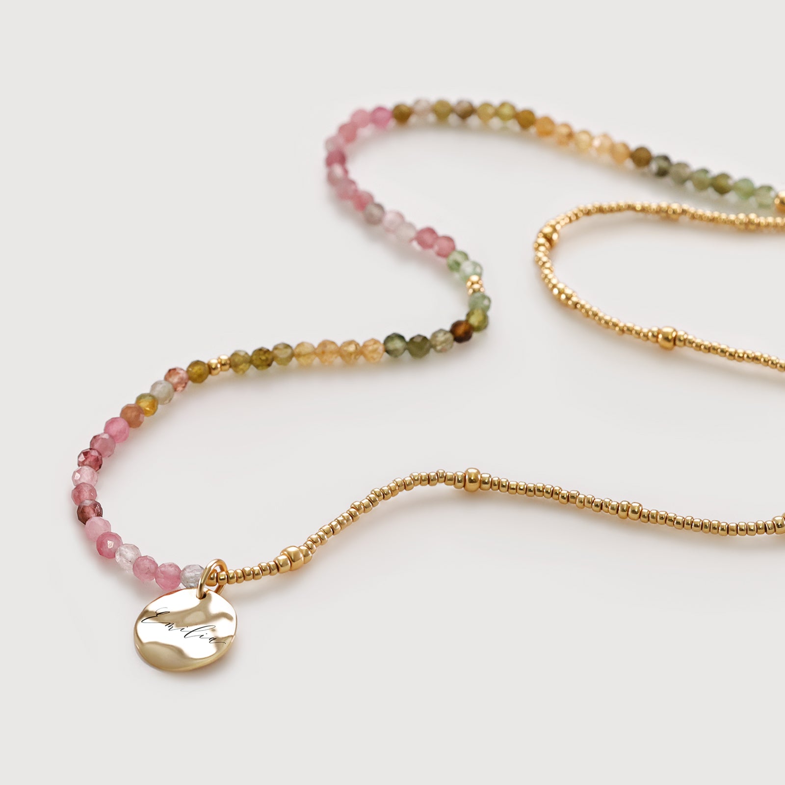 Regenbogen-Turmalin Halskette mit Hammerschlagplättchen - 925er Sterling Silber