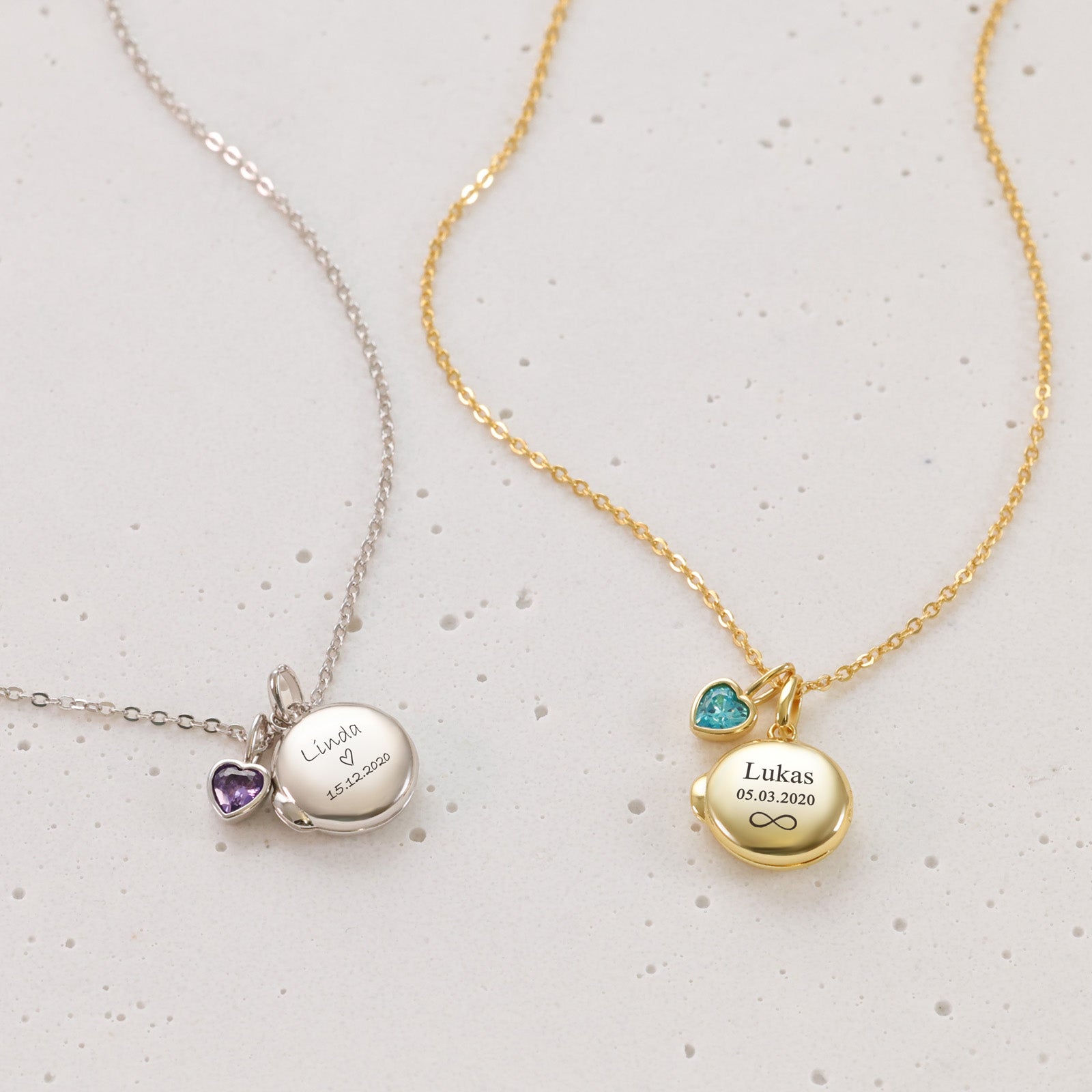 Mini Medaillon Kette mit Herz Geburtssteinen - 925 Sterling Silber