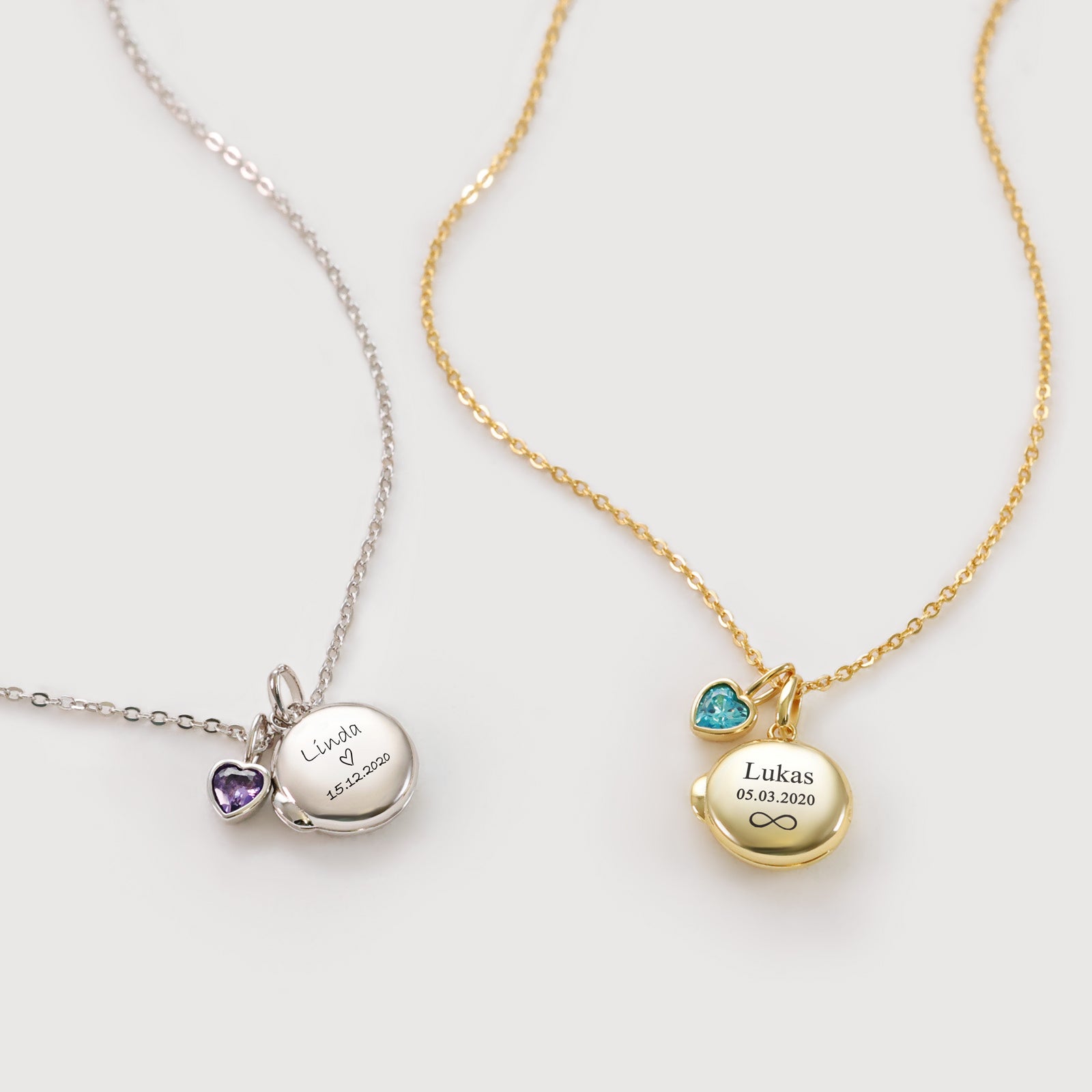 Mini Medaillon Kette mit Herz Geburtssteinen - 925 Sterling Silber