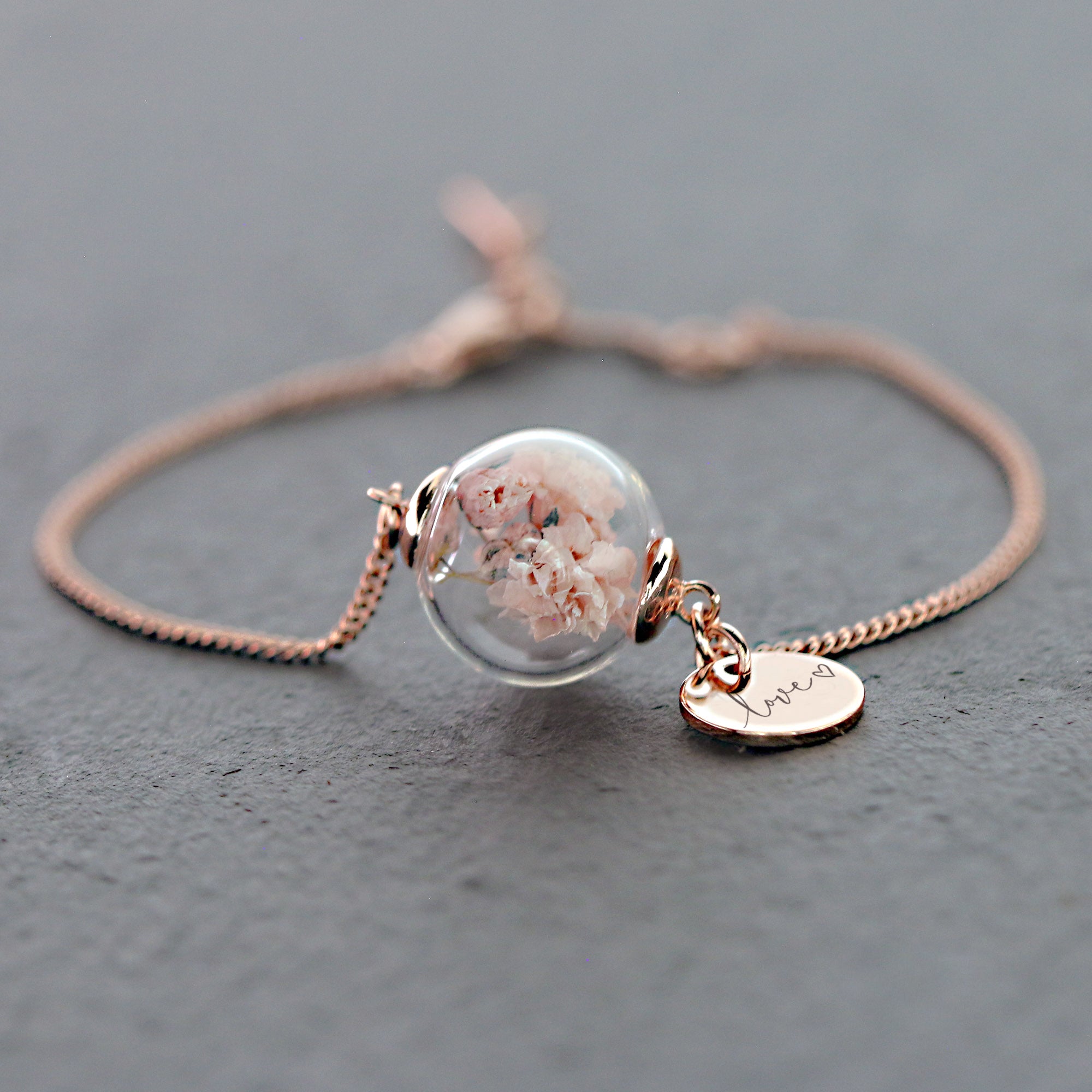 925 silver bracelet with real flowers - personalized engraving - gypsophila pink - wedding - bridesmaid gift - A167