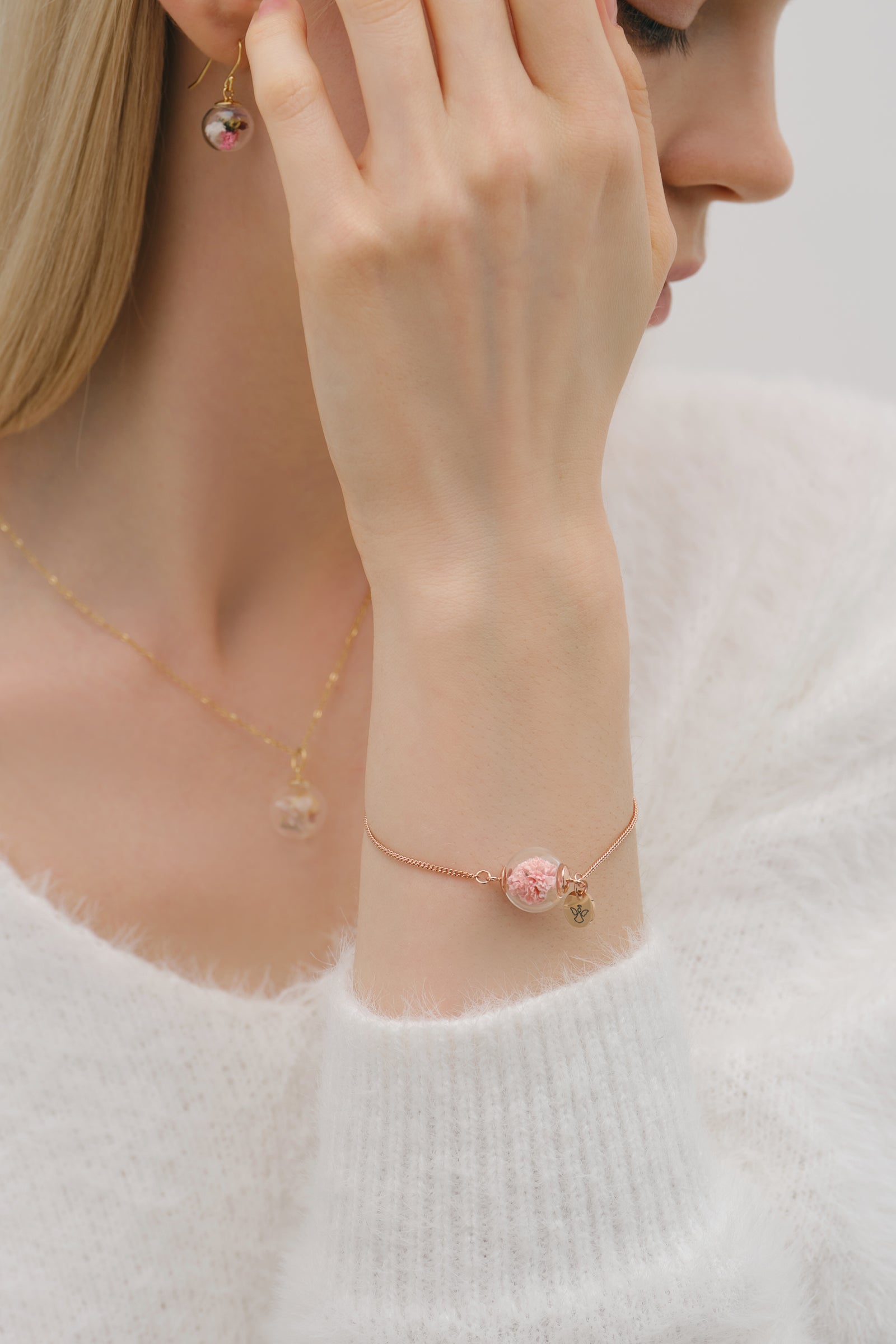 925 silver bracelet with real flowers - personalized engraving - gypsophila pink - wedding - bridesmaid gift - A167
