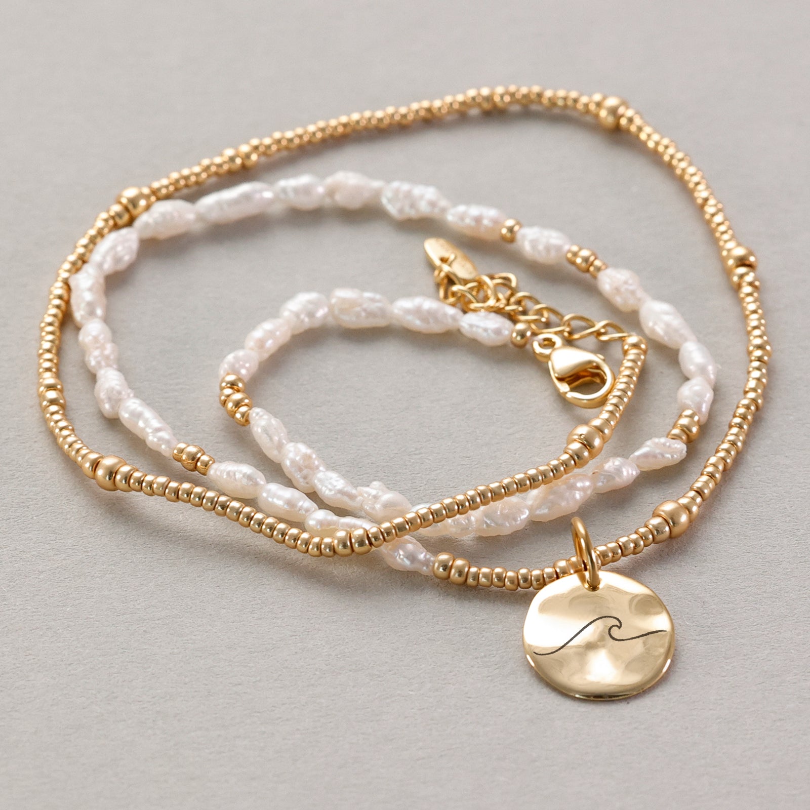 Süßwasserperlen Kette mit Hammerschlag Plättchen - 925er Sterling Silber