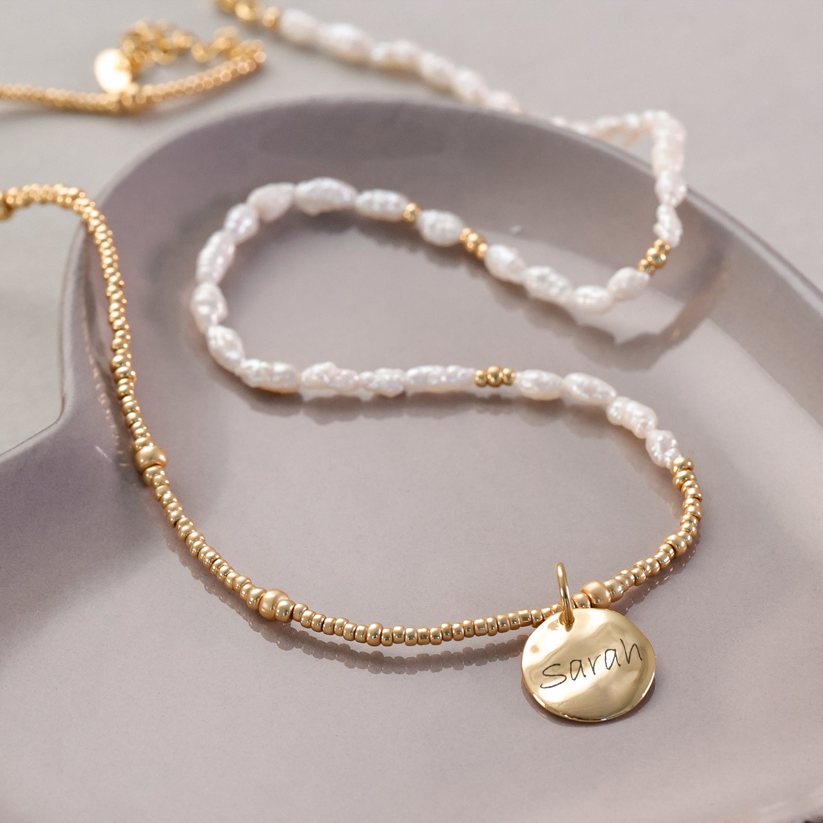 Süßwasserperlen Kette mit Hammerschlag Plättchen - 925er Sterling Silber