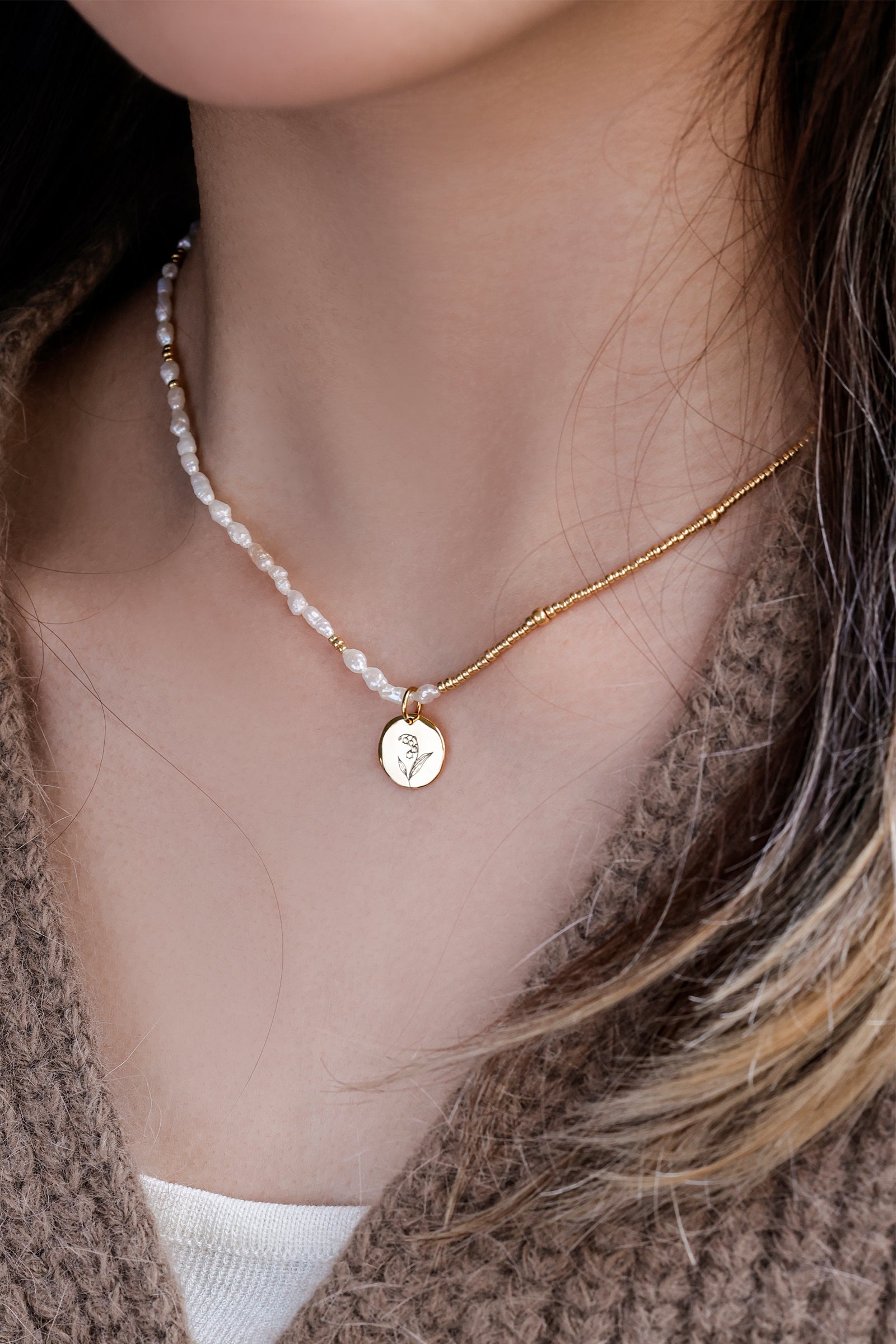 Süßwasserperlen Kette mit Hammerschlag Plättchen - 925er Sterling Silber