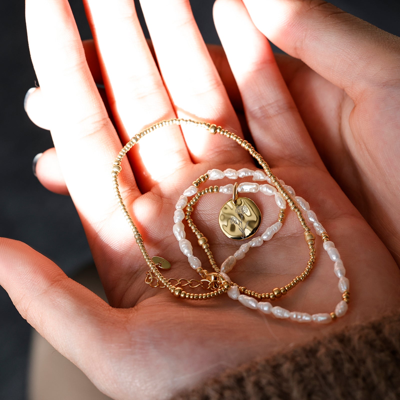 Süßwasserperlen Kette mit Hammerschlag Plättchen - 925er Sterling Silber