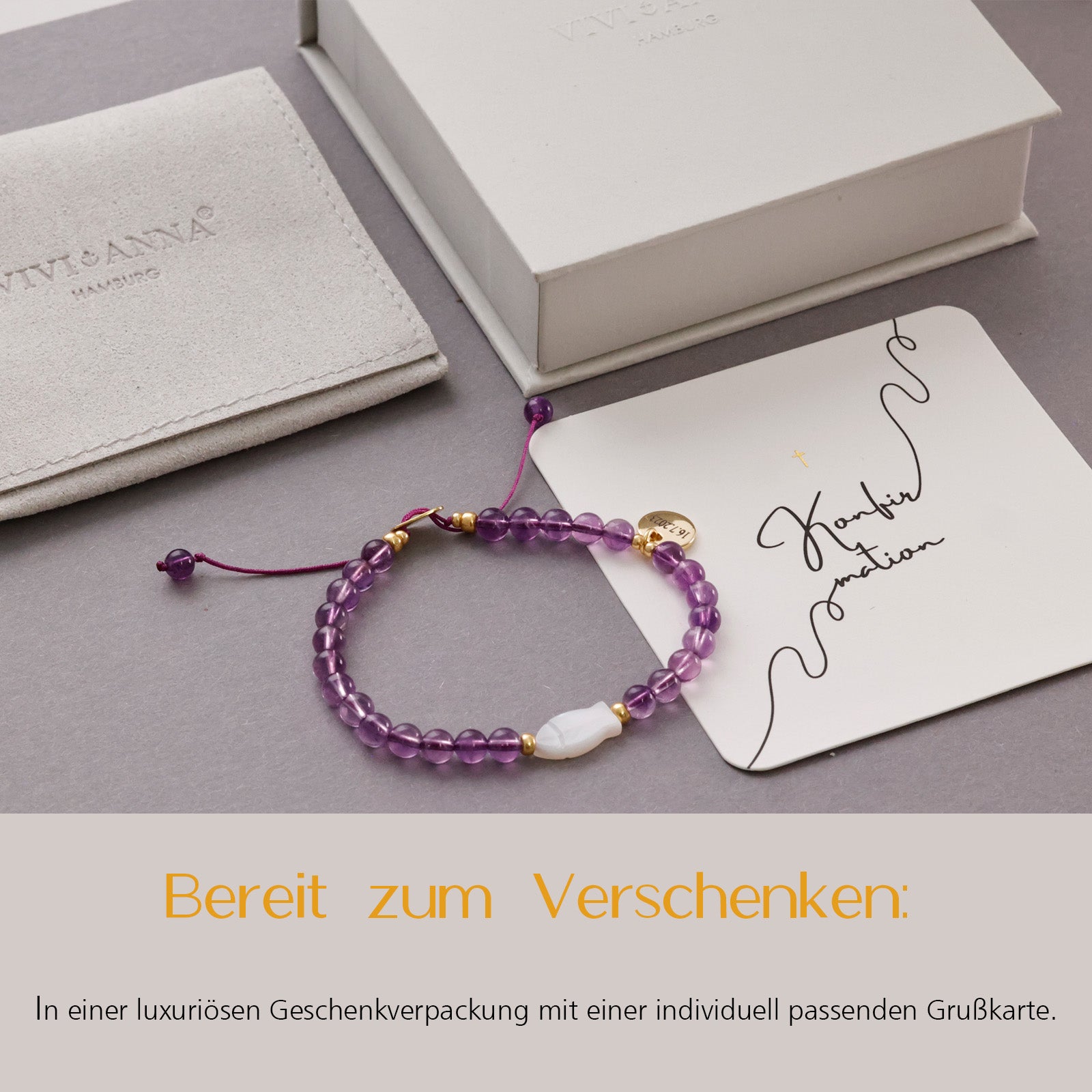 Amethyst Mother of Pearl Ichthys Bracelet - Confirmation Gift with Card - 925 Sterling Silver