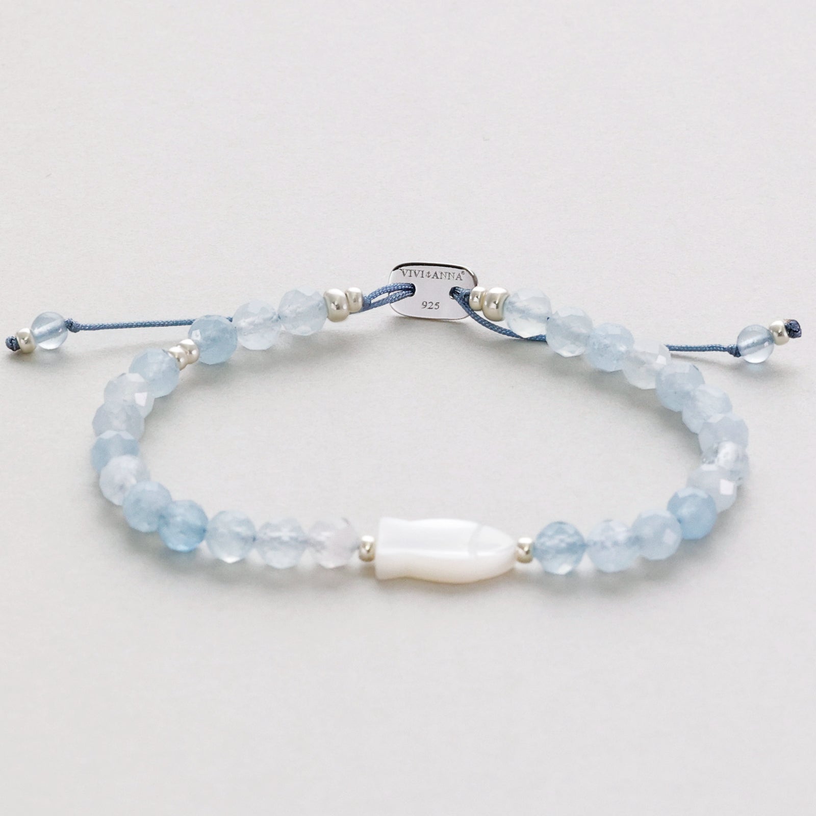Aquamarine Mother of Pearl Ichthys Bracelet - Communion Gift with Card - 925 Sterling Silver