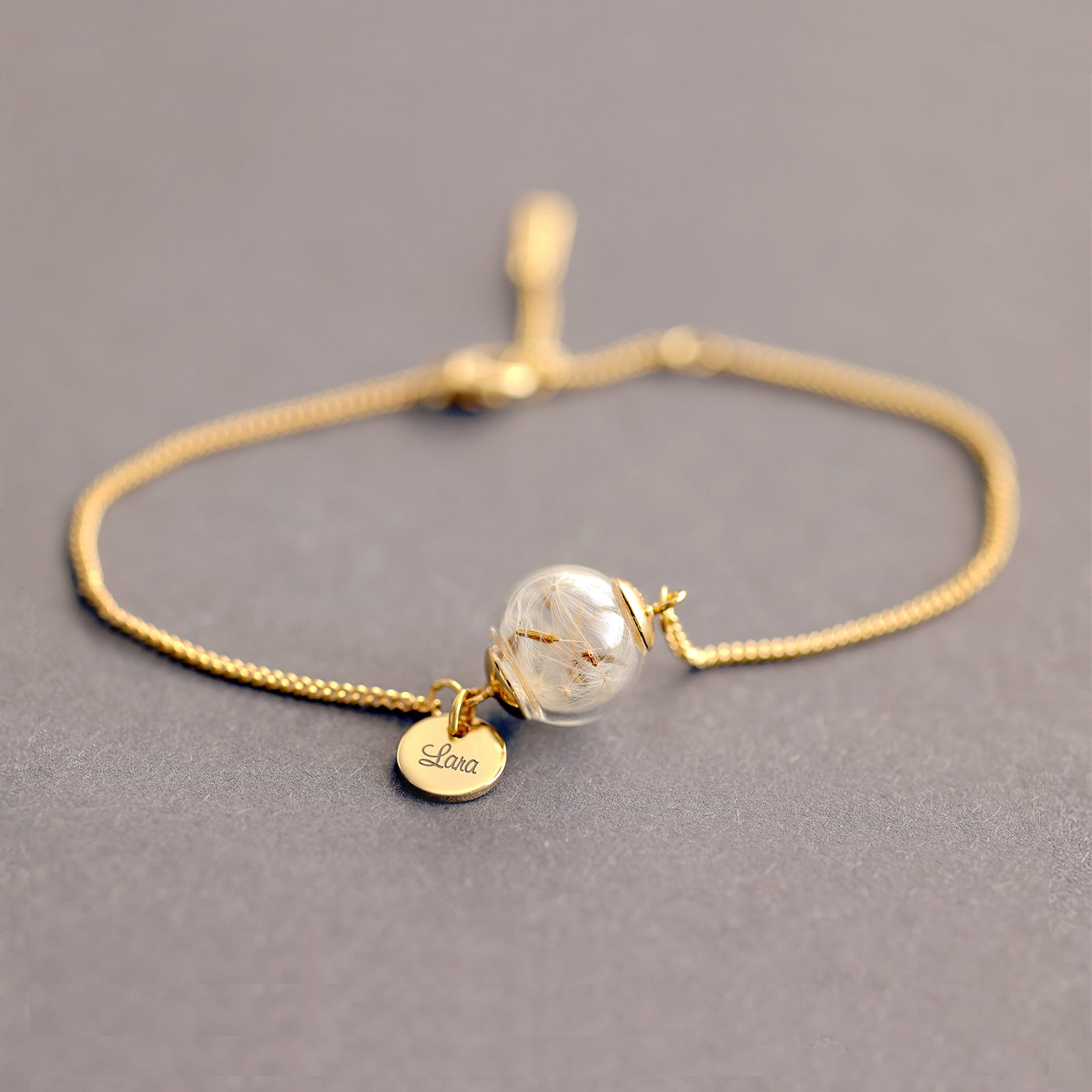 Personalized bracelet - real dandelion bracelet with personalized engraving - 925 sterling silver - rose gold, gold, silver - gift for her - A052