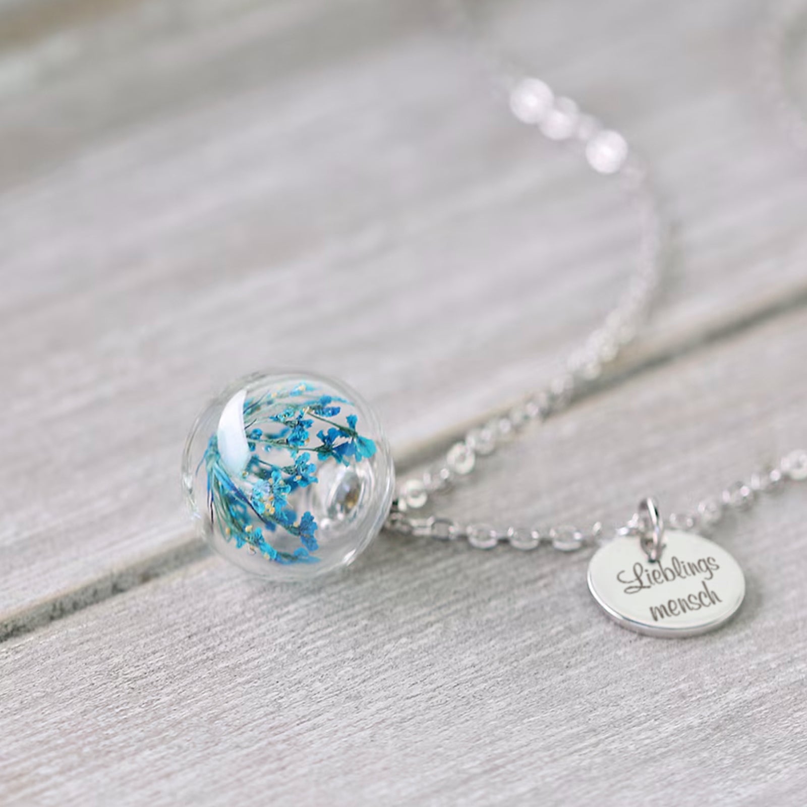Personalized necklace with real turquoise dill flower