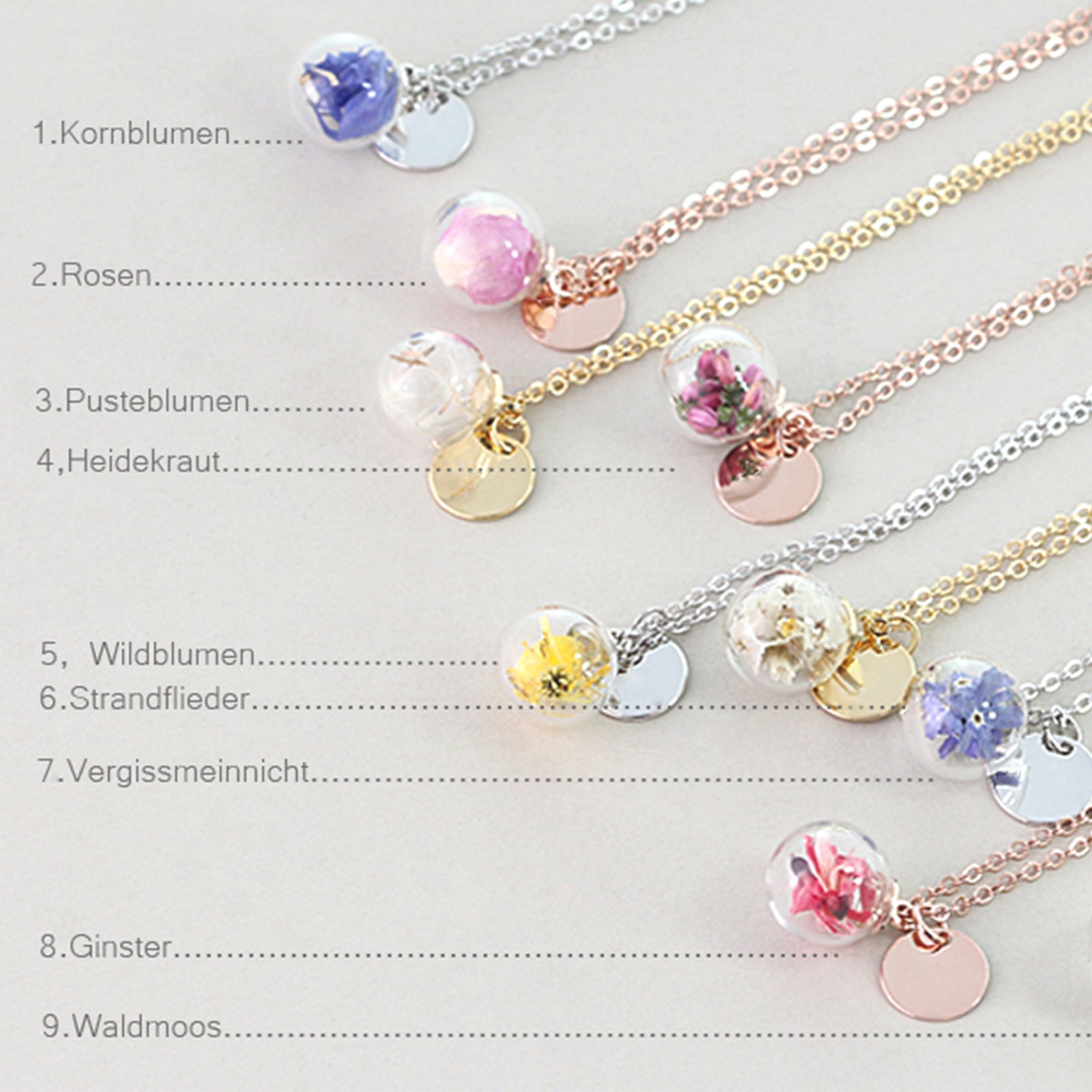 Personalized necklace with real flowers