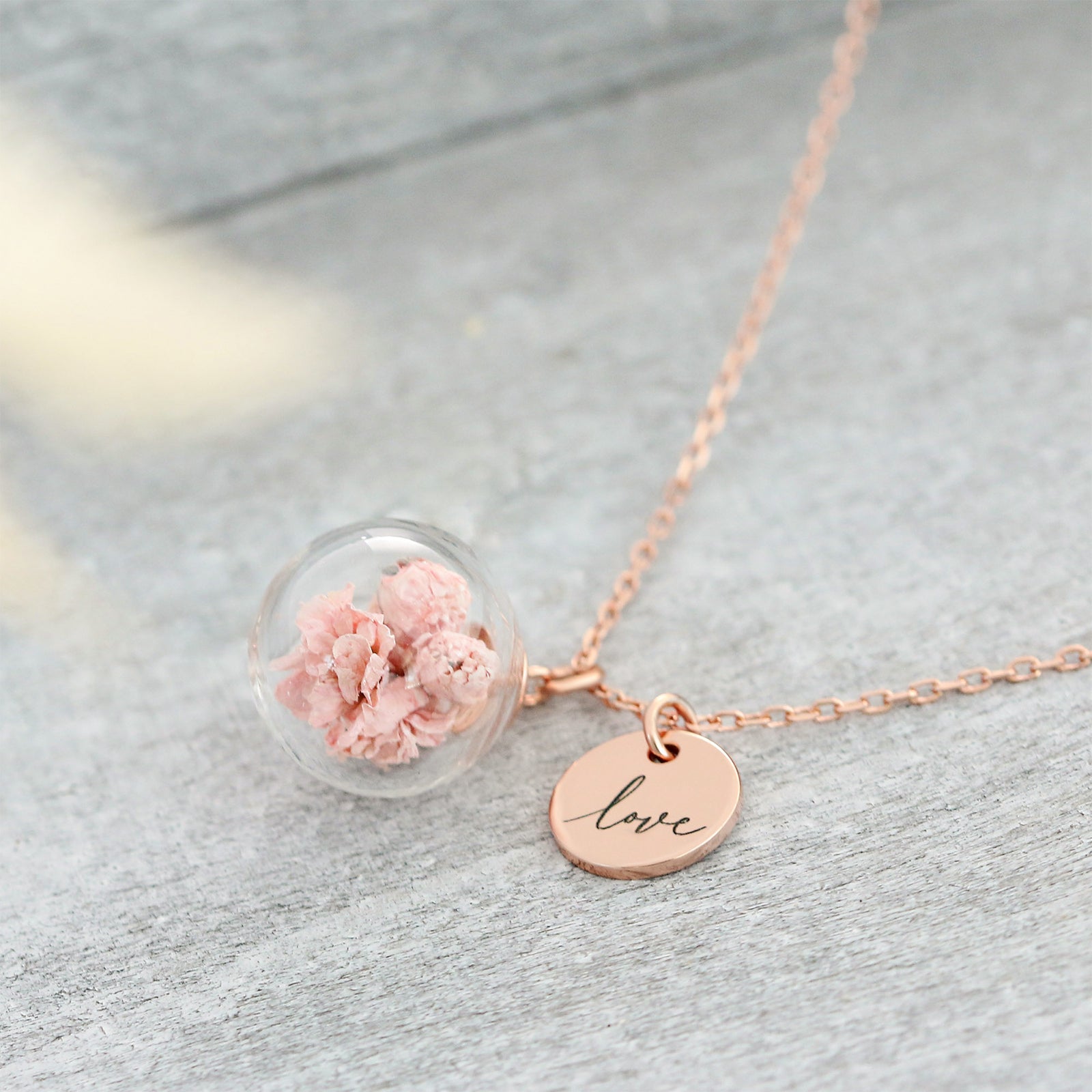Personalized 925 silver necklace with pink real gypsophila