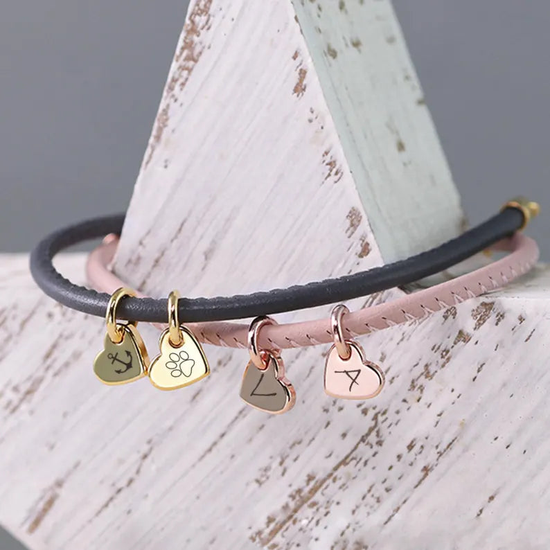 Leather bracelet with heart engraving - initials nappa leather bracelet