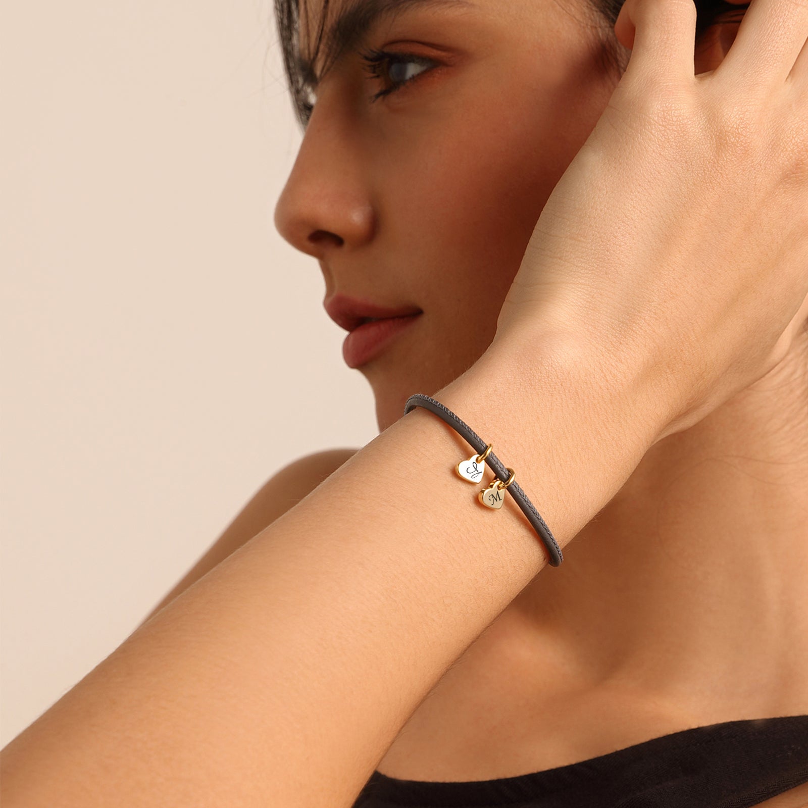 Leather bracelet with heart engraving - initials nappa leather bracelet