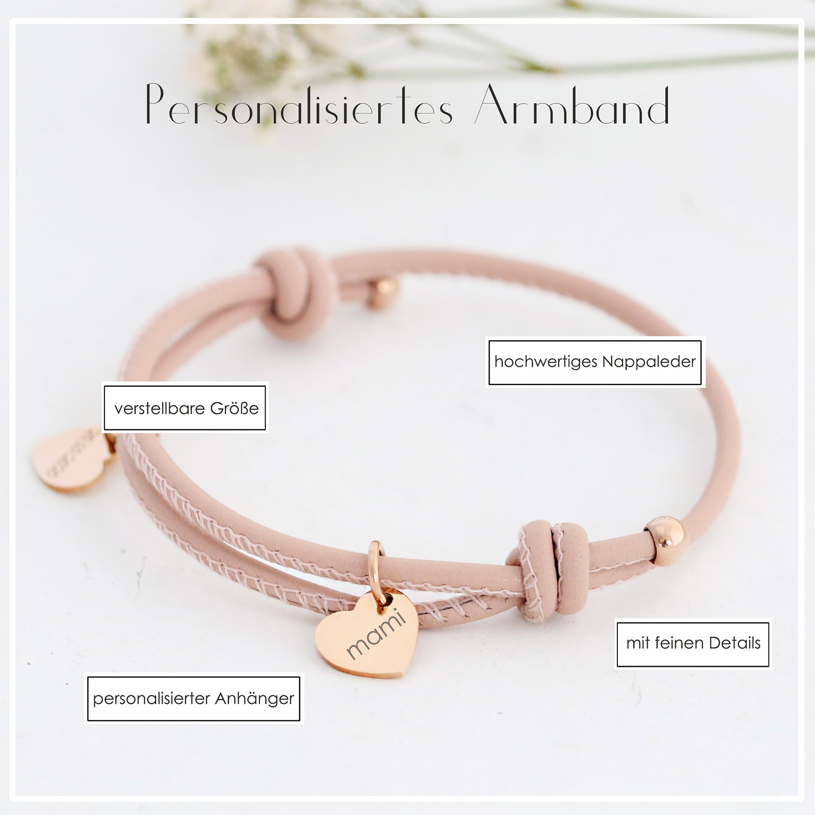 Adjustable leather bracelet with heart pendant