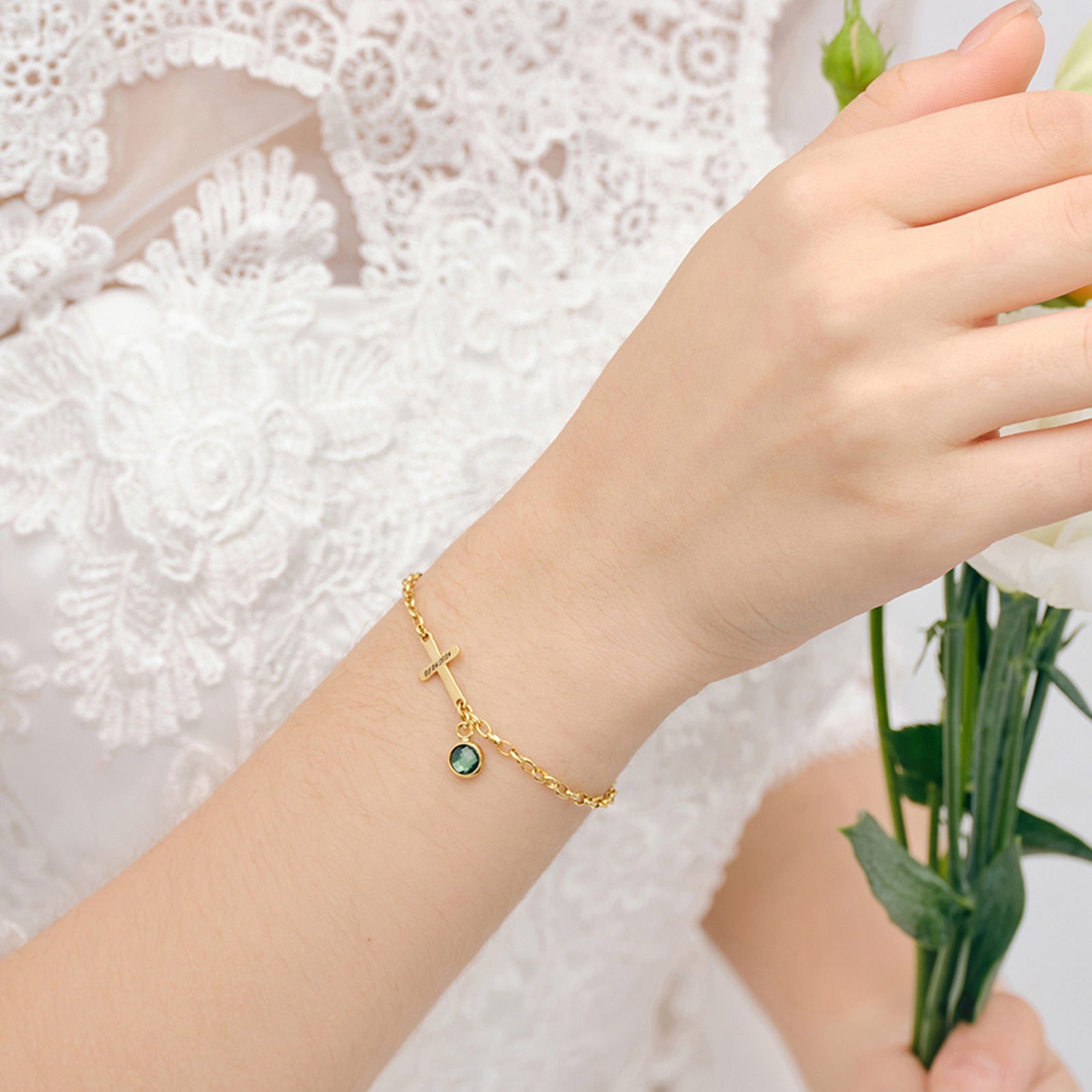 Personalized Cross Bracelet with Birthstone