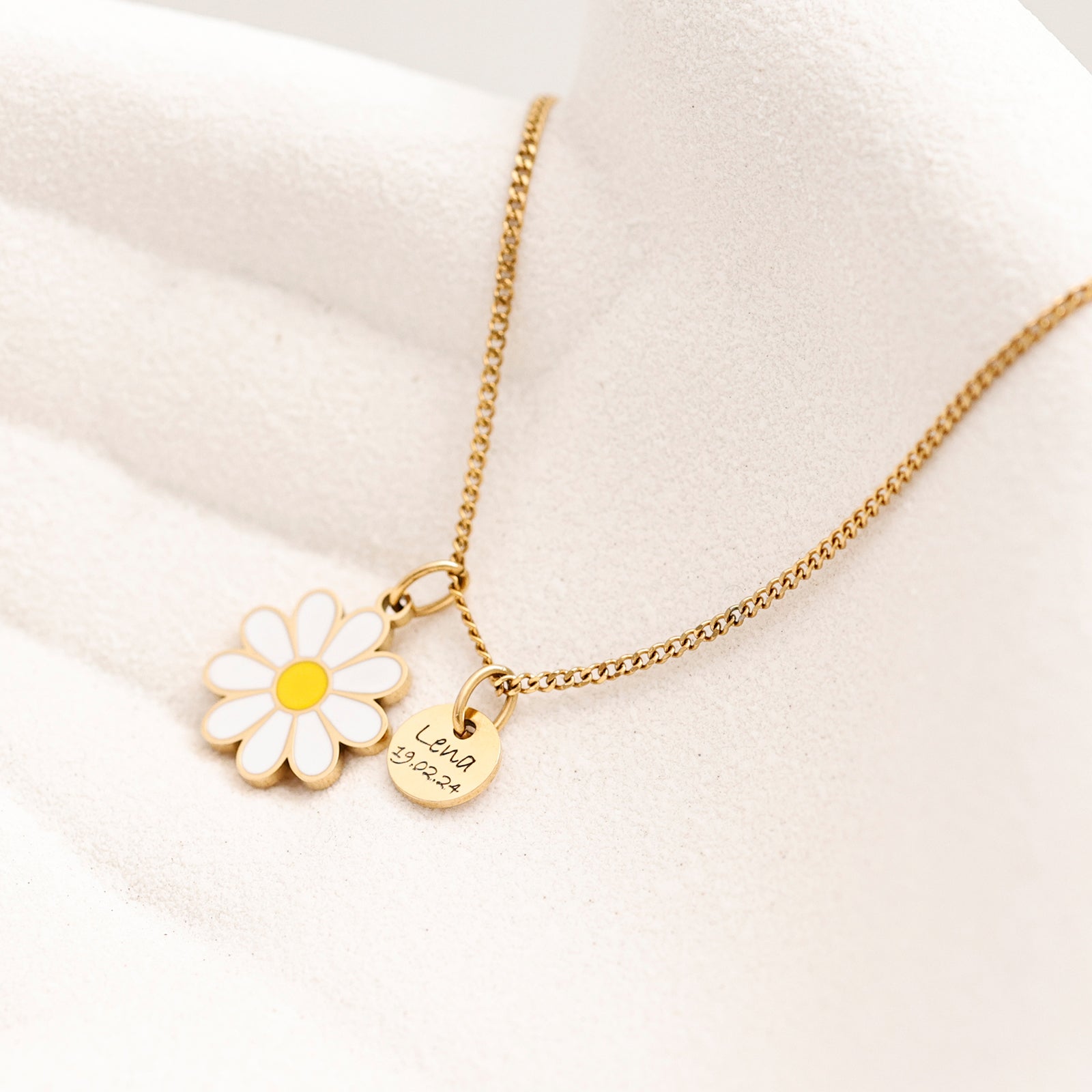 Personalisierte Gänseblümchen Anhänge Halskette - Florale mit Gravur - Panzerkette - Glück Blütenschmuck - Frühlings Geschenk - KE017 - VIVIANNASCHMUCK