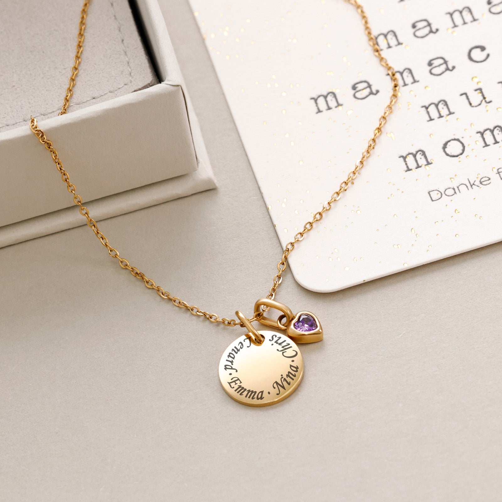 Personalisierte Kette mit Herz Geburtsstein - Geschenk für Mama mit Karte