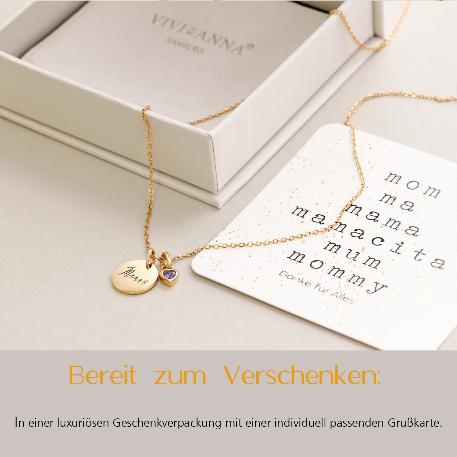 Personalisierte Kette mit Herz Geburtsstein - Geschenk für Mama mit Karte