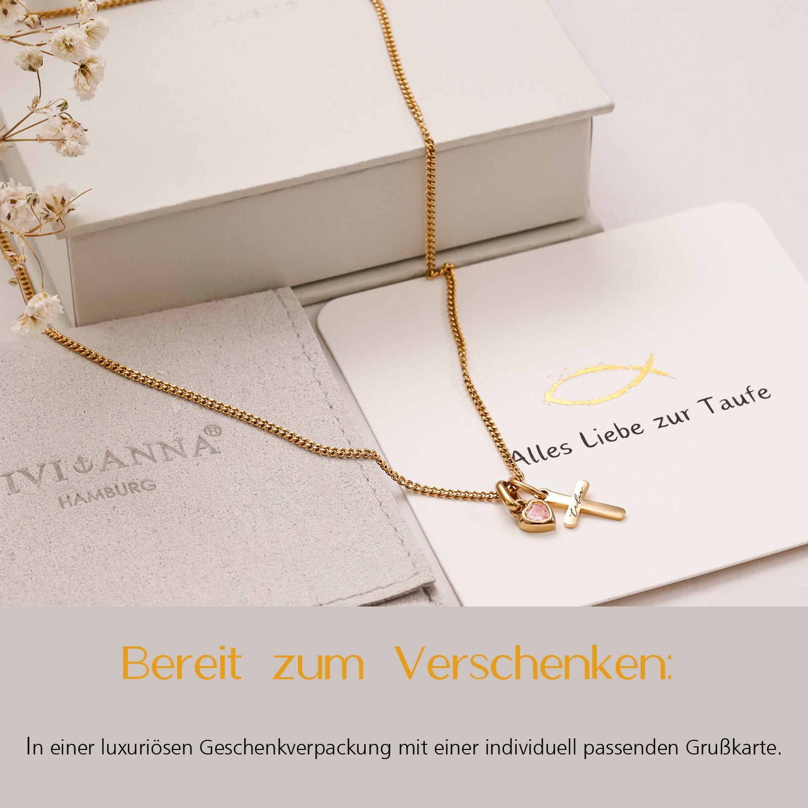 Kreuzkette mit Herz Geburtsstein mit Wunschgravur - Geschenk zur Taufe mit Karte