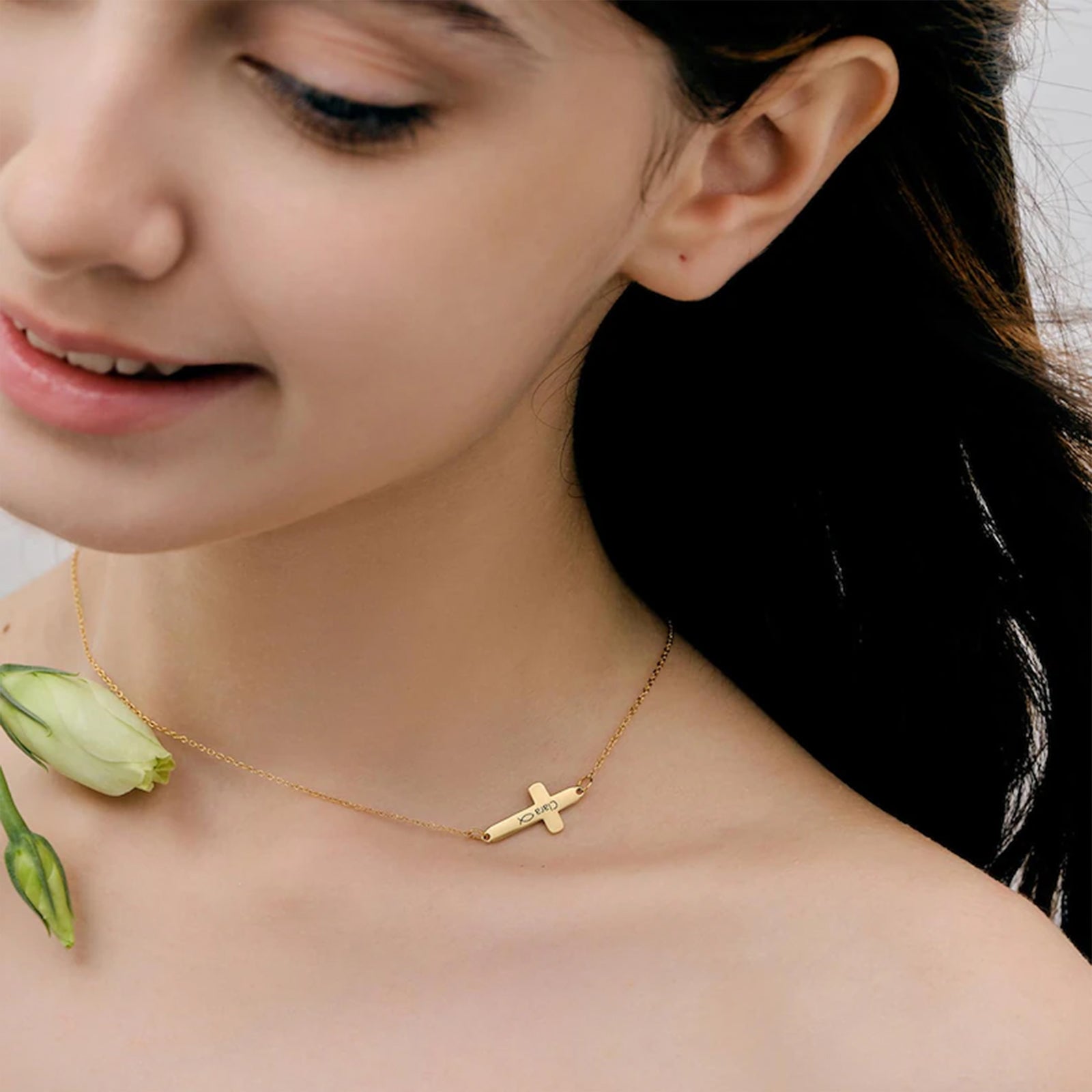 Cross sliding pearl necklace with desired engraving - confirmation gift with card
