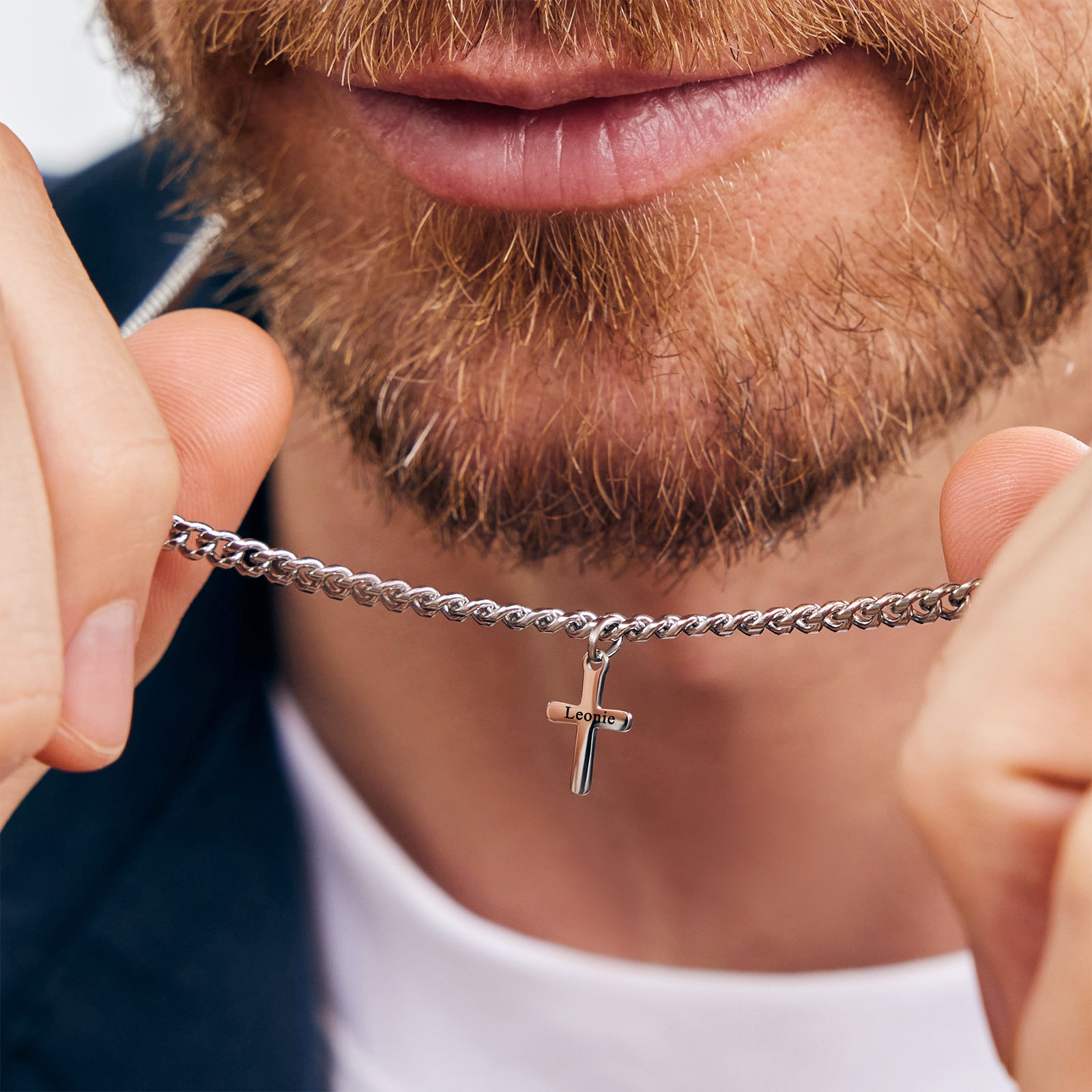 Men's necklace with mini cross pendant - stainless steel - curb chain with personalized engraving - name chain - necklace - men's jewelry - HK016