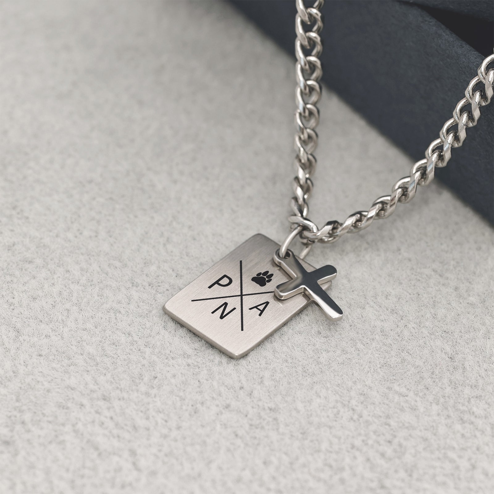 Men's Rectangular Necklace with Cross - Stainless Steel - Customizable Chain - Curb Chain with Engraving - Family Chain - Men's Jewelry -HK017
