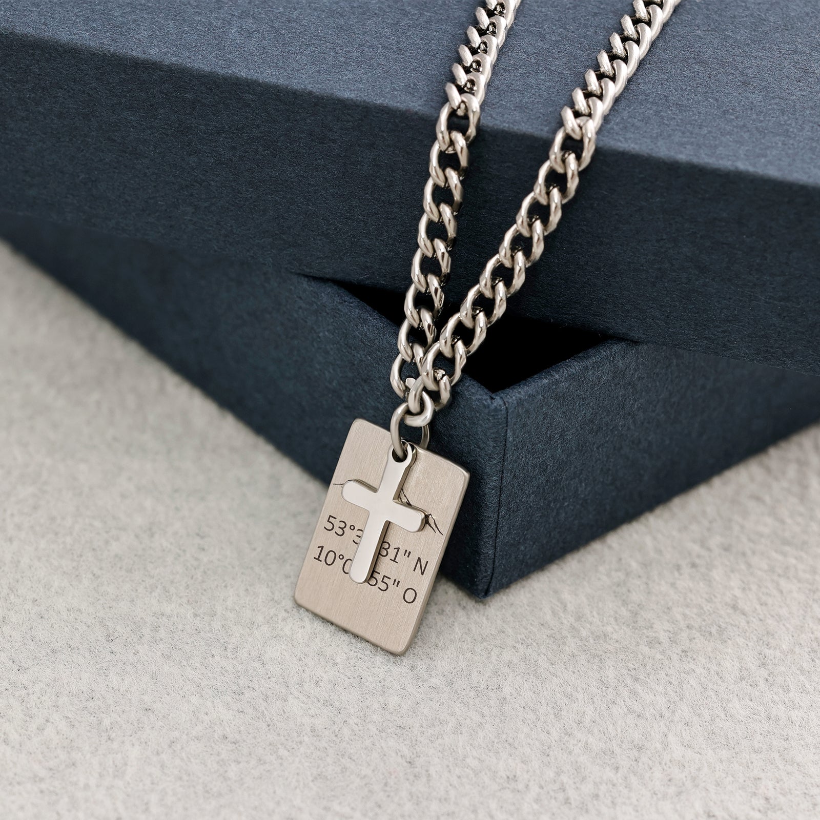 Men's Rectangular Necklace with Cross - Stainless Steel - Customizable Chain - Curb Chain with Engraving - Family Chain - Men's Jewelry -HK017