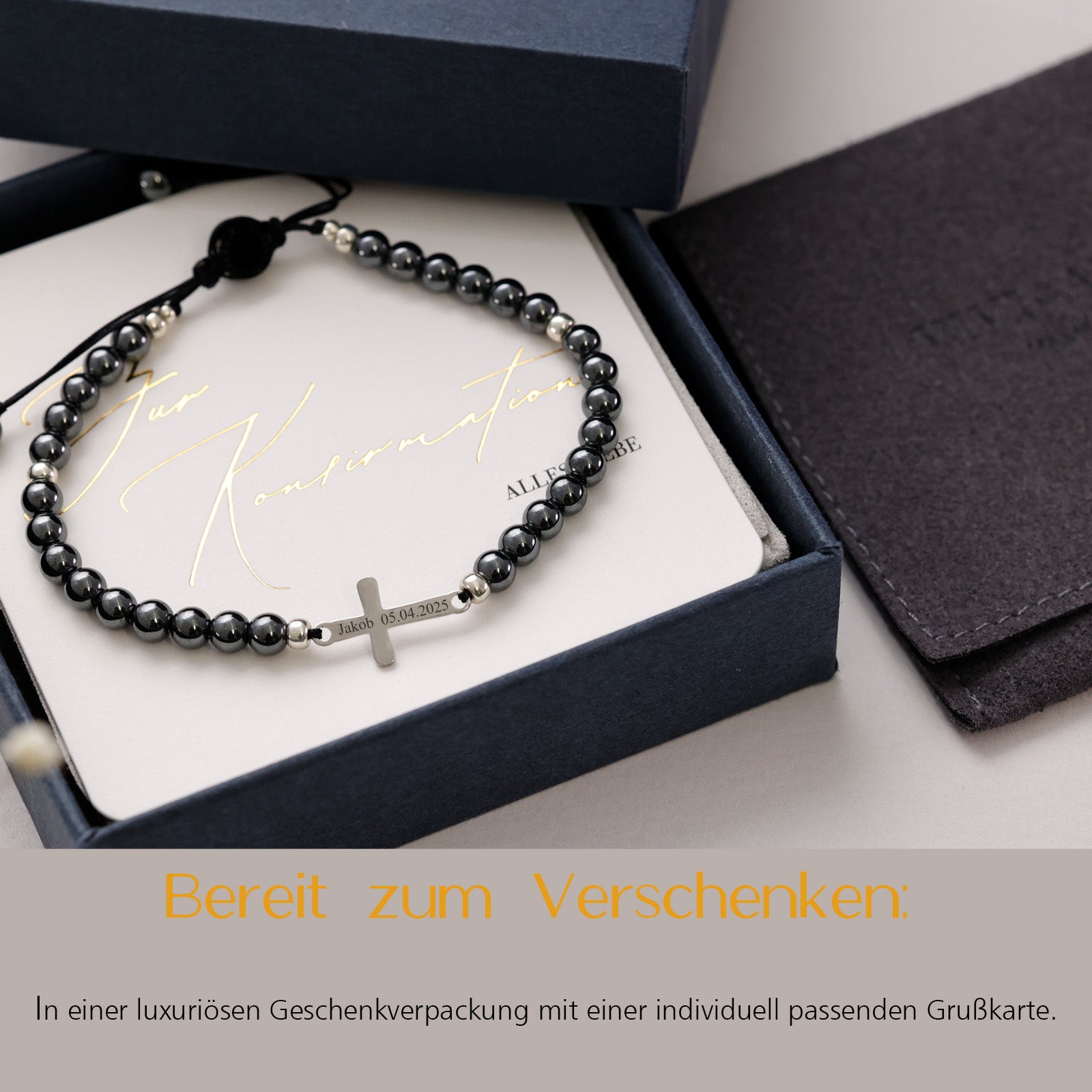 Hämatit Kreuz-Armband mit Gravur - Geschenk zur Konfirmation mit Karte