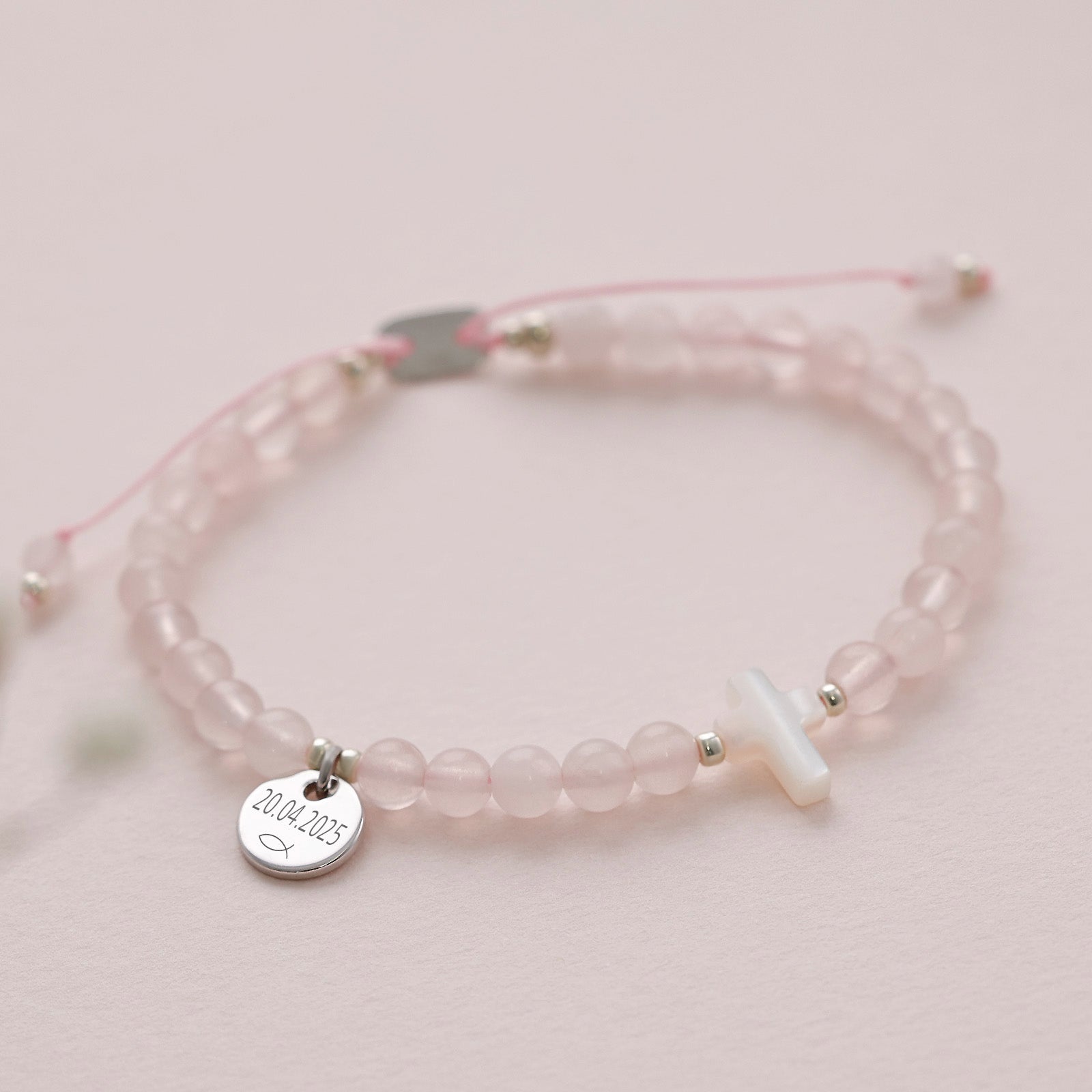 Perlmutt-Kreuz Rosenquarz Armband - Geschenk zur Kommunion mit Karte - 925er Sterling Silber