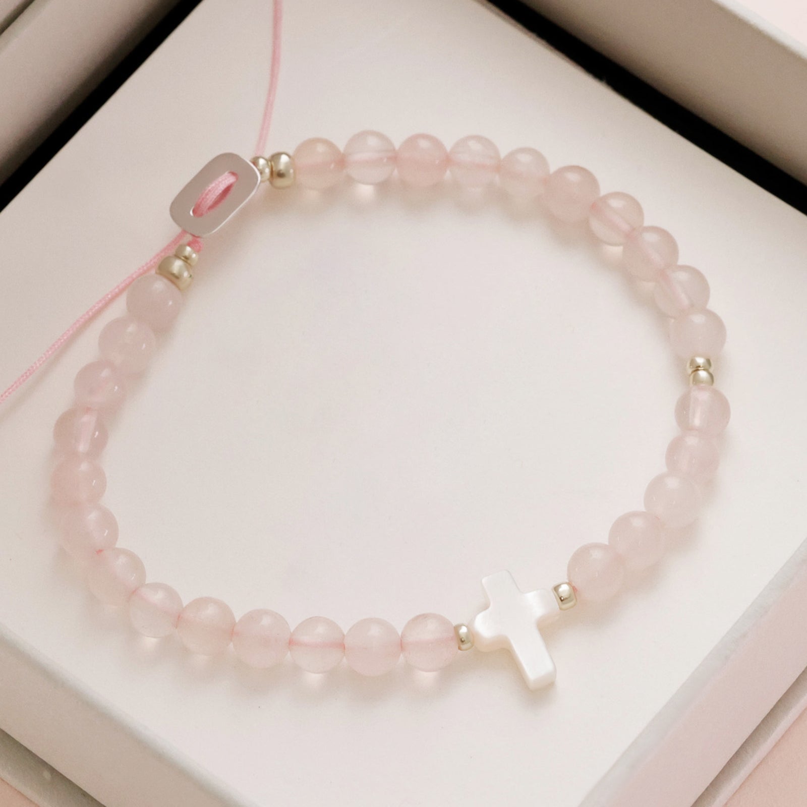 Perlmutt-Kreuz Rosenquarz Armband - Geschenk zur Kommunion mit Karte - 925er Sterling Silber