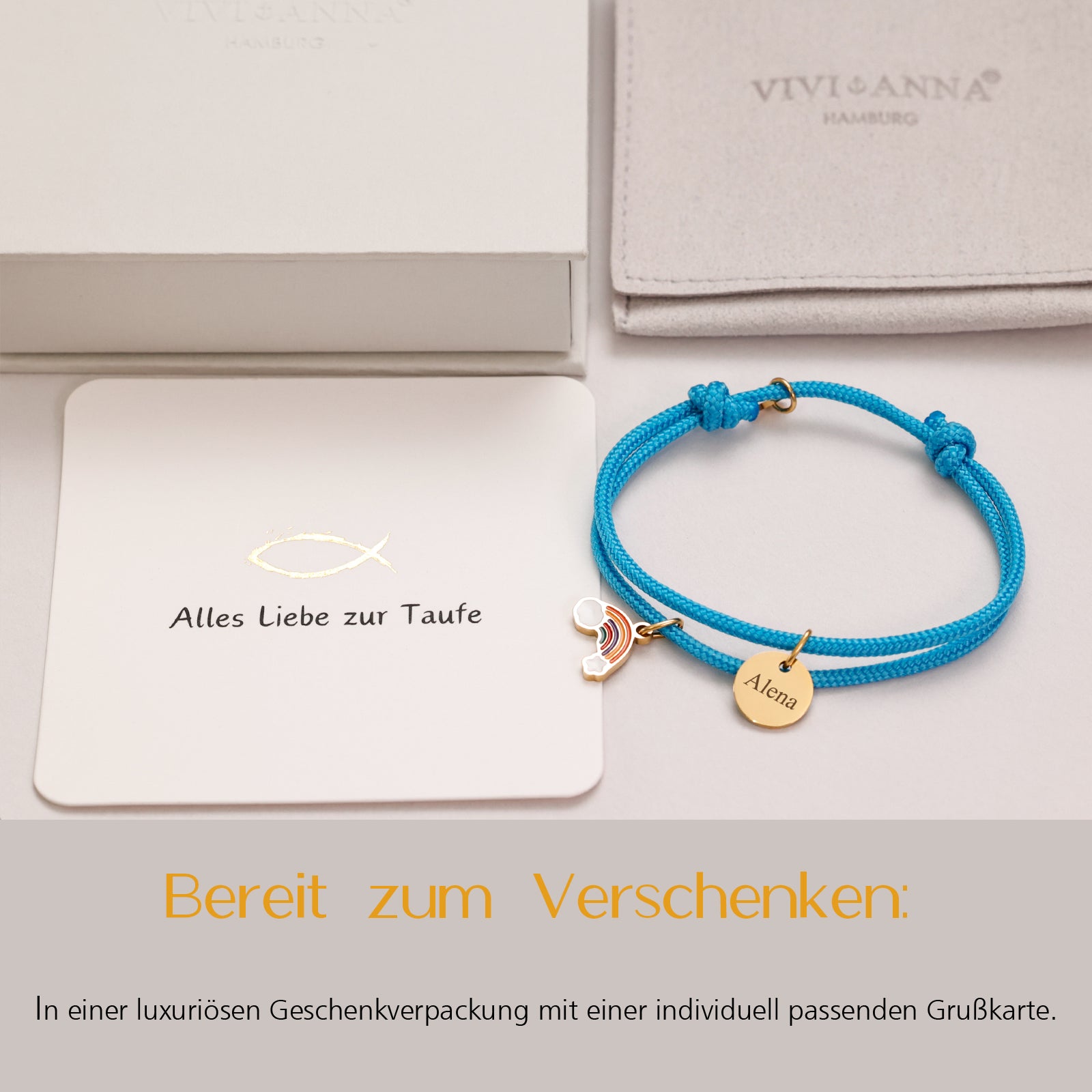 Regenbogen-Armband mit Gravur - Geschenk zur Taufe mit Karte