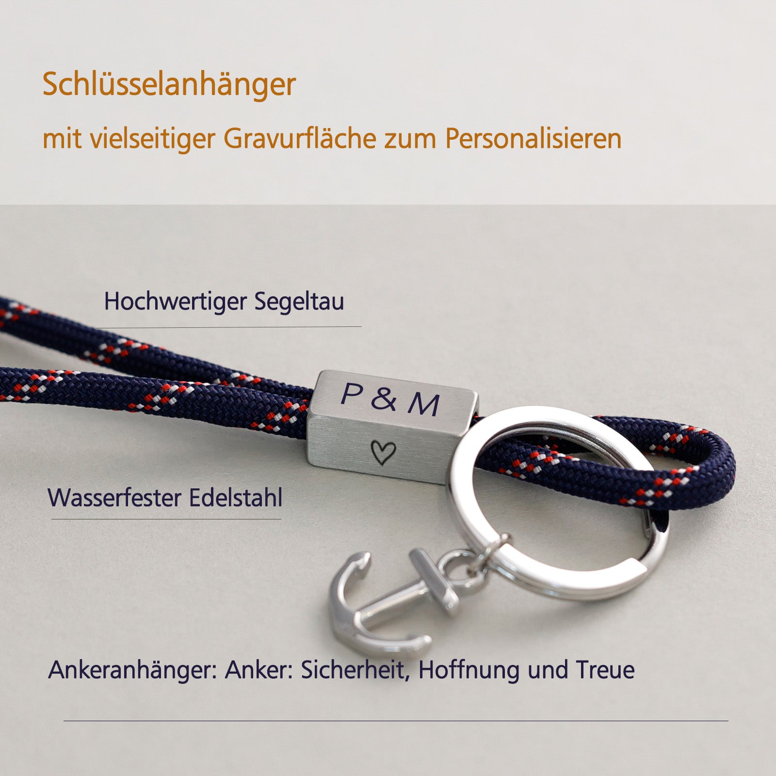 Schlüsselanhänger mit Anker - personalisiertes Schlüsselband - 4 Seiten - Personalisiertes Edelstahlschlüsselring mit Wunschgravur - SL006 - VIVIANNASCHMUCK