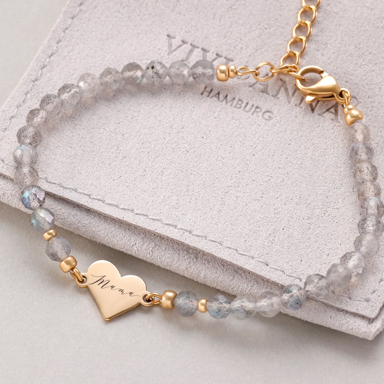 Labradorit Armband mit Herzanhänger - Geschenk für Mama mit Karte