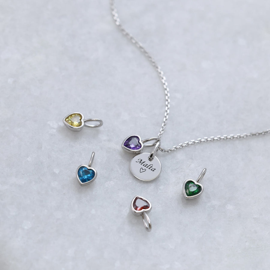 Heart birthstone necklace with engraving, 925 sterling silver