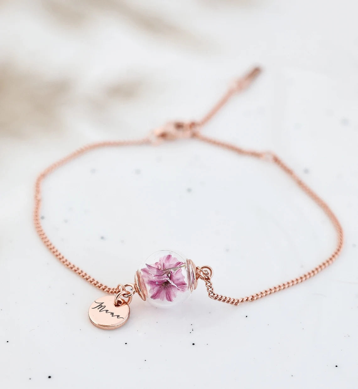 925er Silber Armband mit echten Blumen • Personalisierte Gravur • Strandflieder rosa • Hochzeit • Trauzeugin Geschenk • Mama Geschenk A186